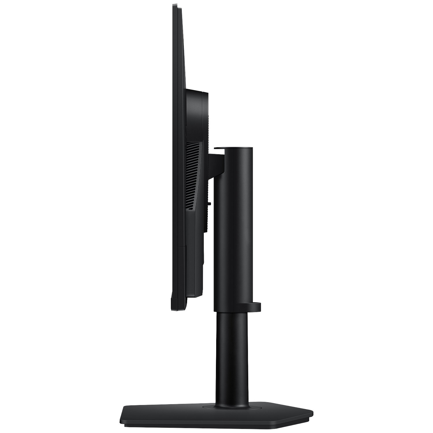Side view of a black computer monitor. The screen is thin and rectangular. It is attached to a black stand on a white background.