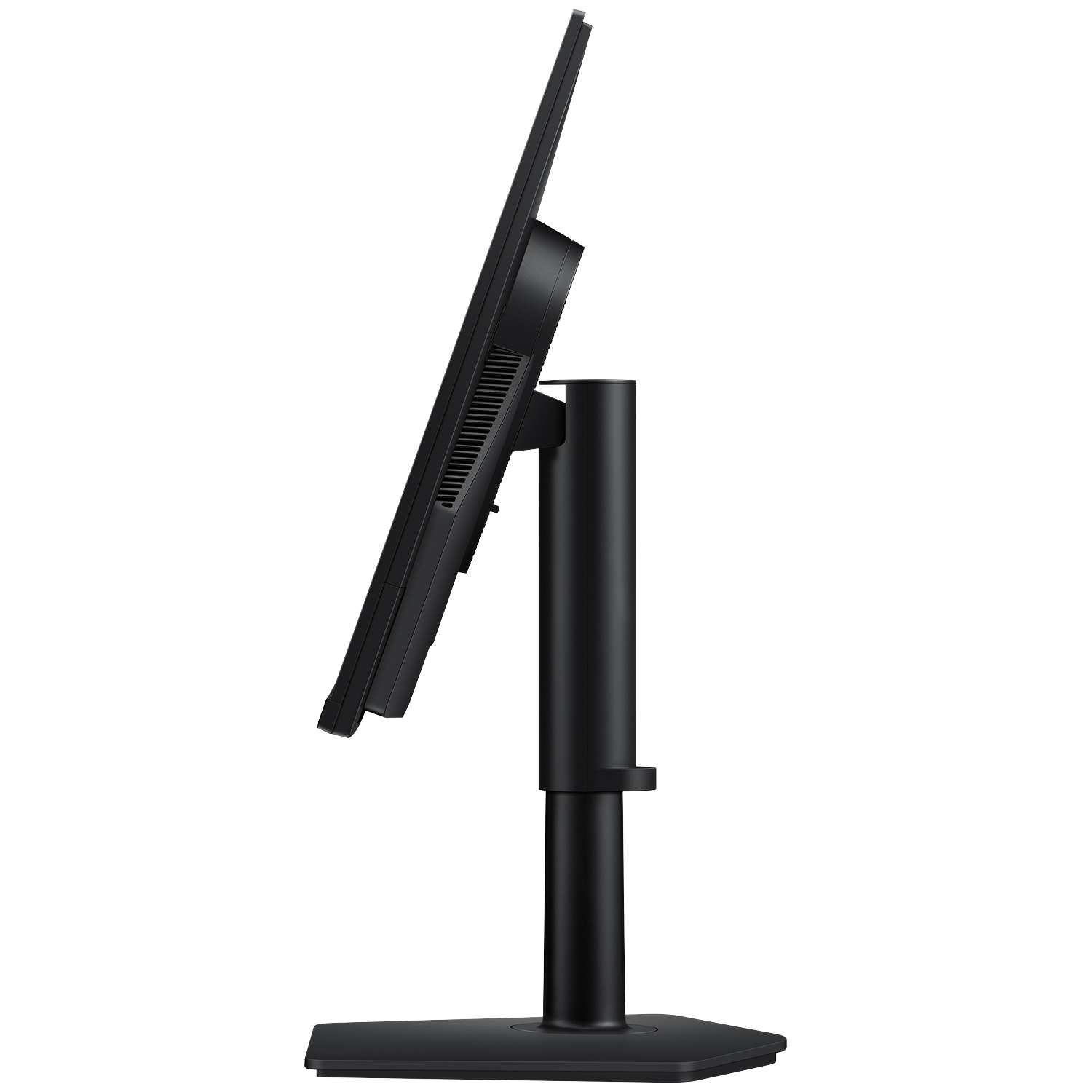 Side view of a black computer monitor. The screen is tilted. The monitor is on a black stand.