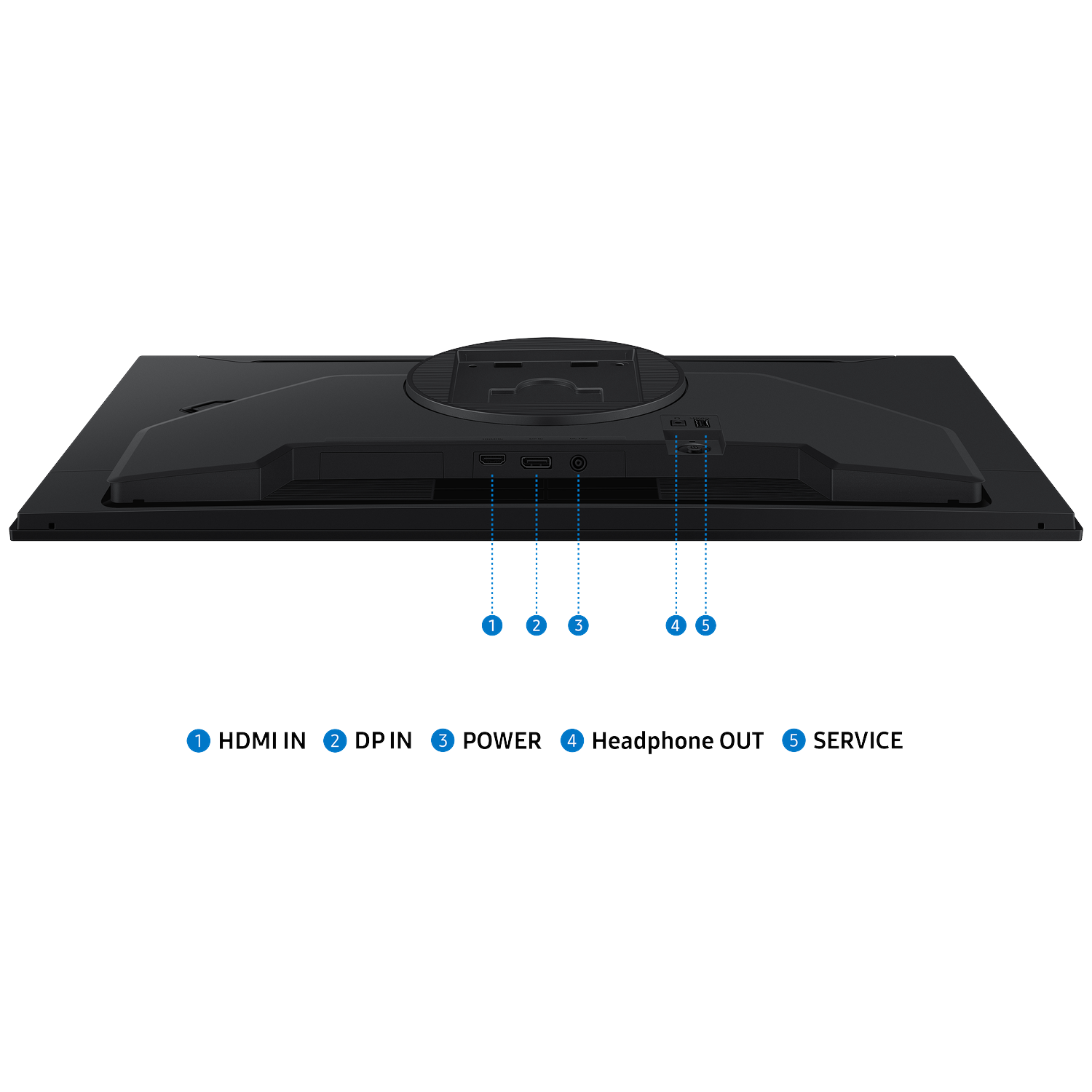 The back of a black monitor. Ports labeled HDMI, DP, Power, Headphone Out, and Service are visible.