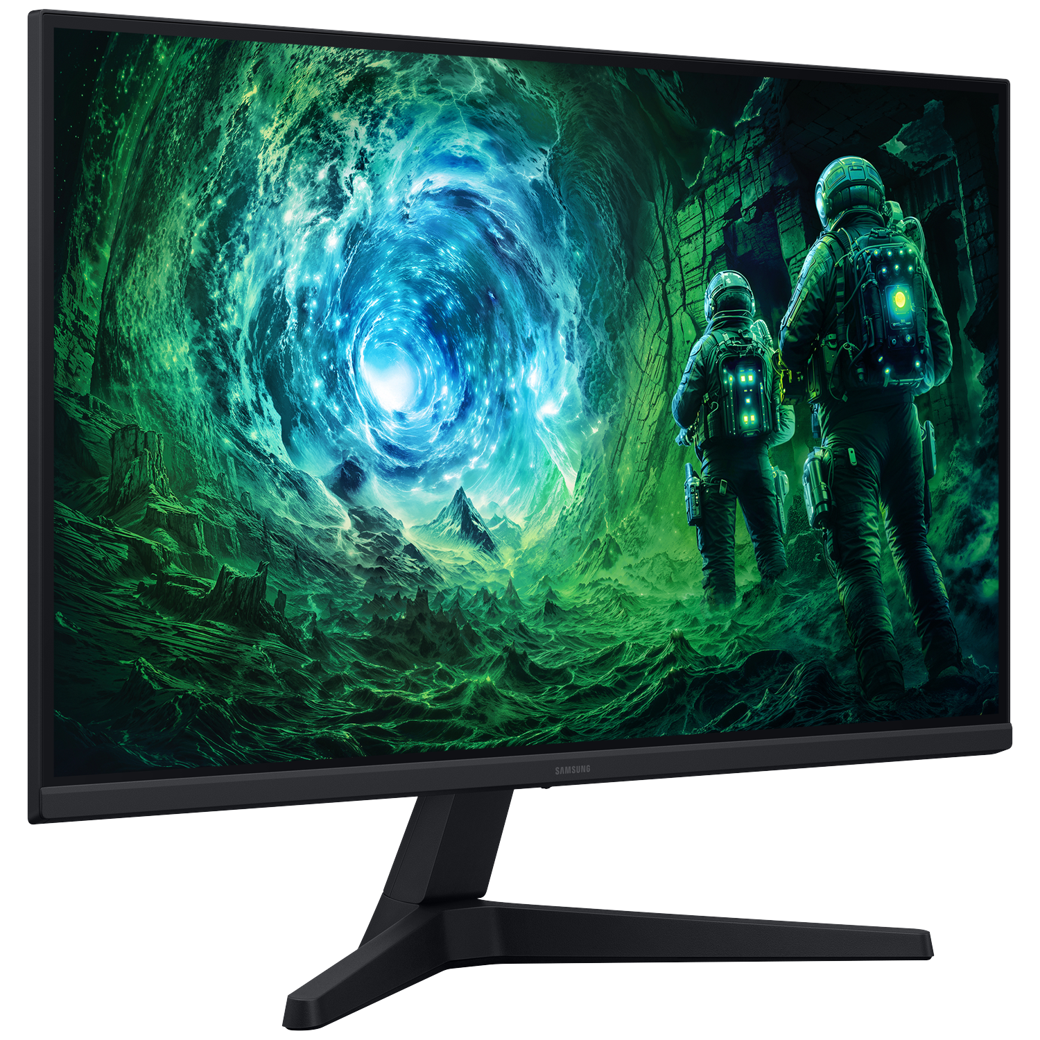 Monitor toont astronauten voor een abstracte groene en blauwe vortex. De monitor staat op een zwarte standaard.