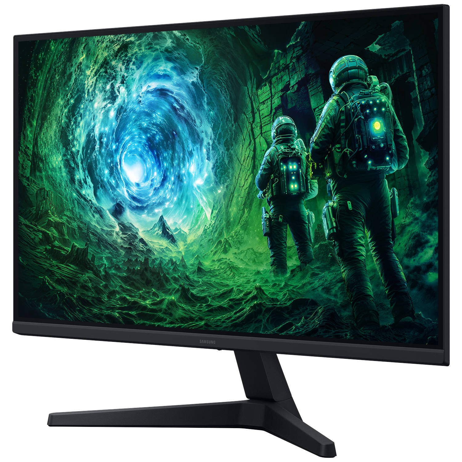 Monitor toont astronauten in een groen landschap met een wervelende blauwe vortex. De monitor is zwart en heeft een Samsung-logo.