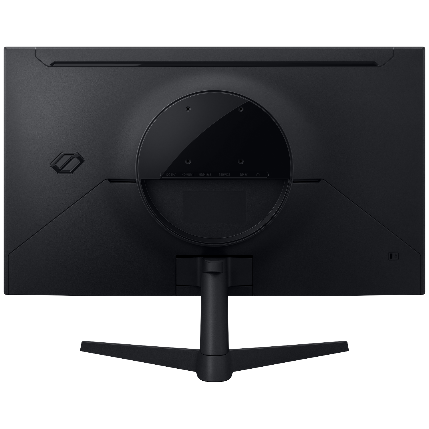 De achterkant van een zwarte computermonitor. Het heeft een standaard, aansluitpoorten en een logo.