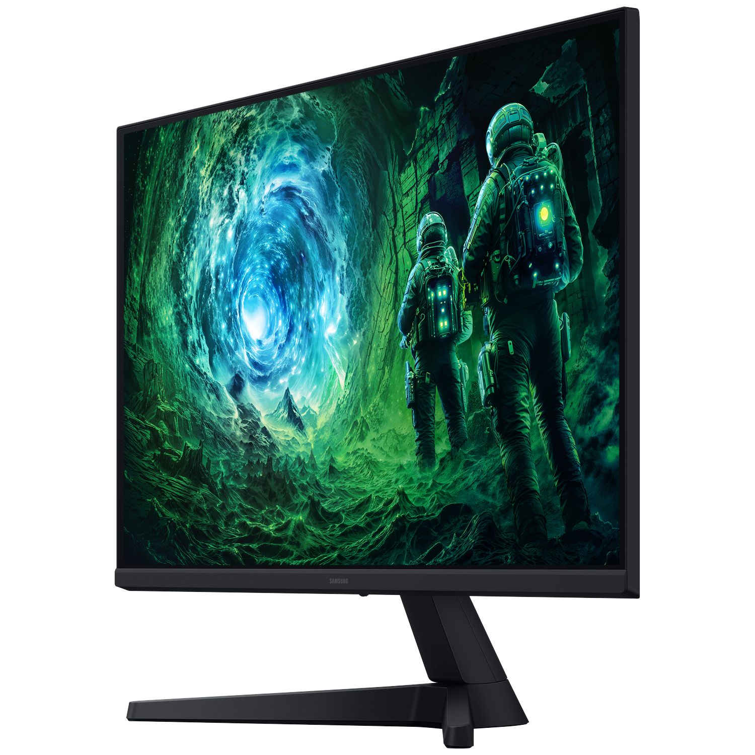 Monitor met astronauten die een groen en blauw alienlandschap verkennen. De monitor is zwart en schuin.