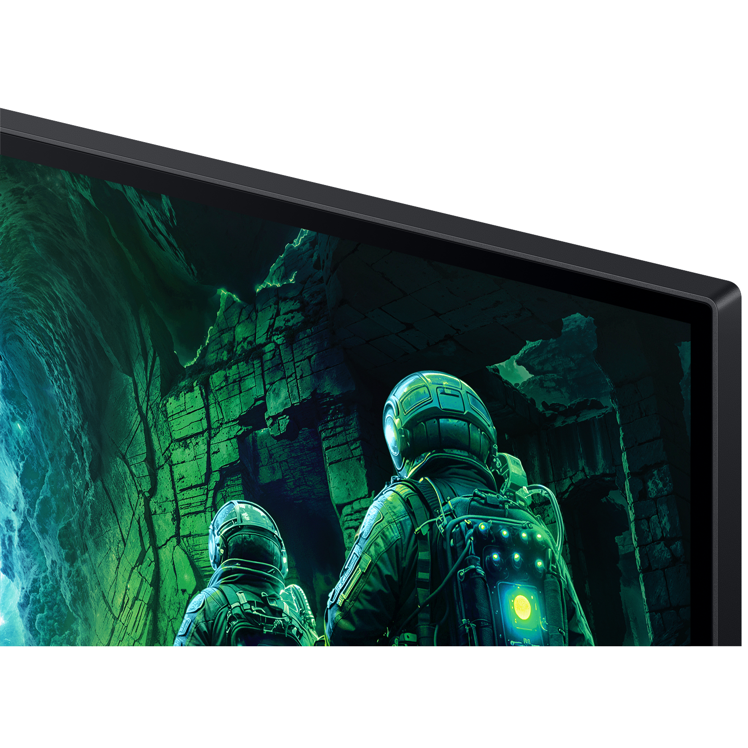 Twee astronauten met helmen en rugzakken verkennen een groen verlichte grot op een scherm, in een zwart monitorframe.