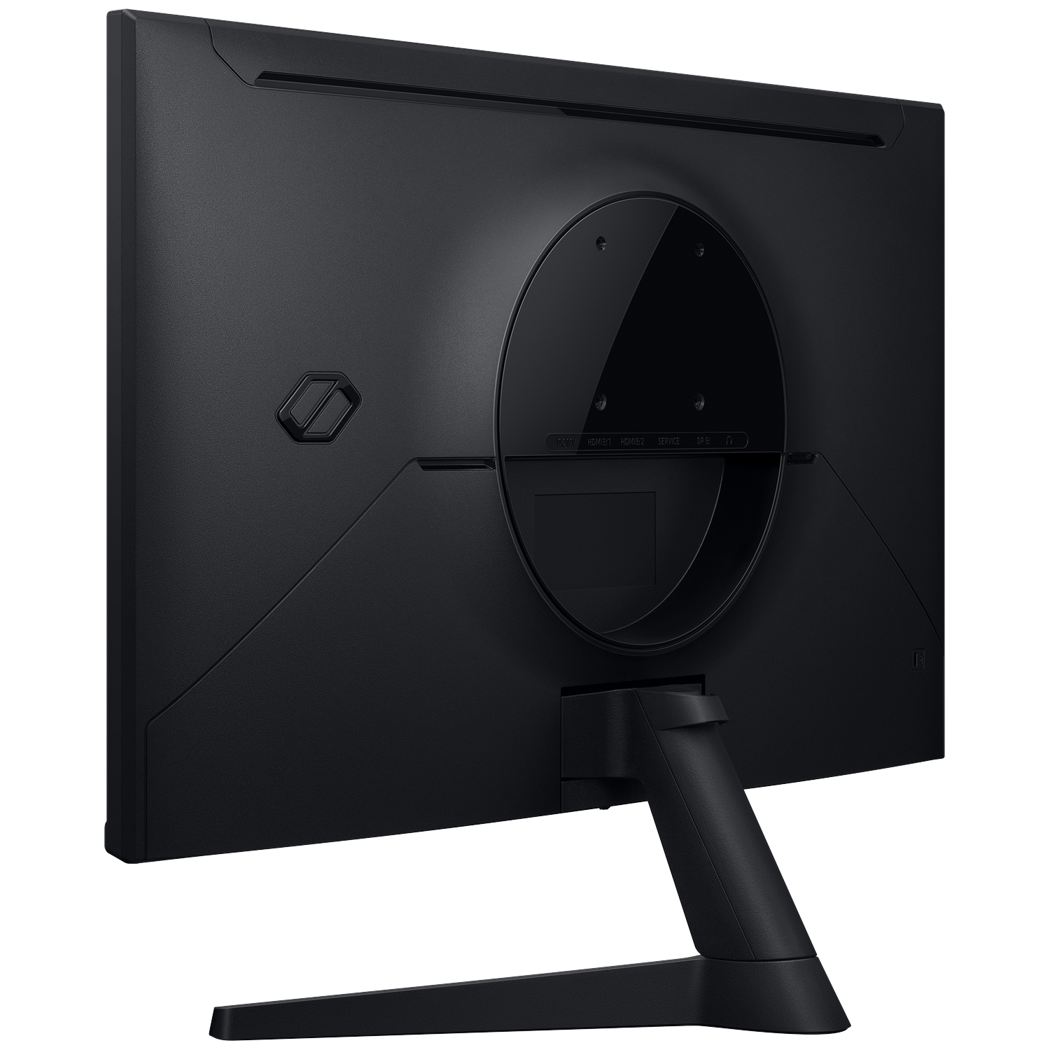 De achterkant van een zwarte computermonitor wordt getoond. Het heeft verschillende poorten en een standaard. Het oppervlak is getextureerd.