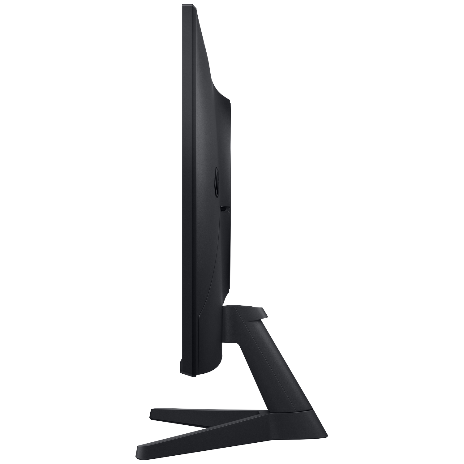 Zijaanzicht van een zwarte computermonitor. Het scherm is donker, met een standaard aan de onderkant. Witte achtergrond.