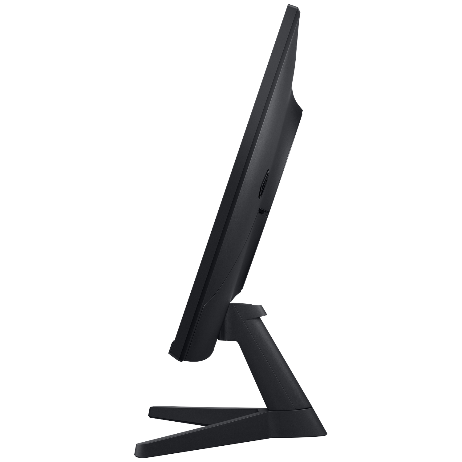 Zijaanzicht van een zwarte computermonitor. Het scherm staat schuin. Het heeft een standaard met voet en een steunarm.