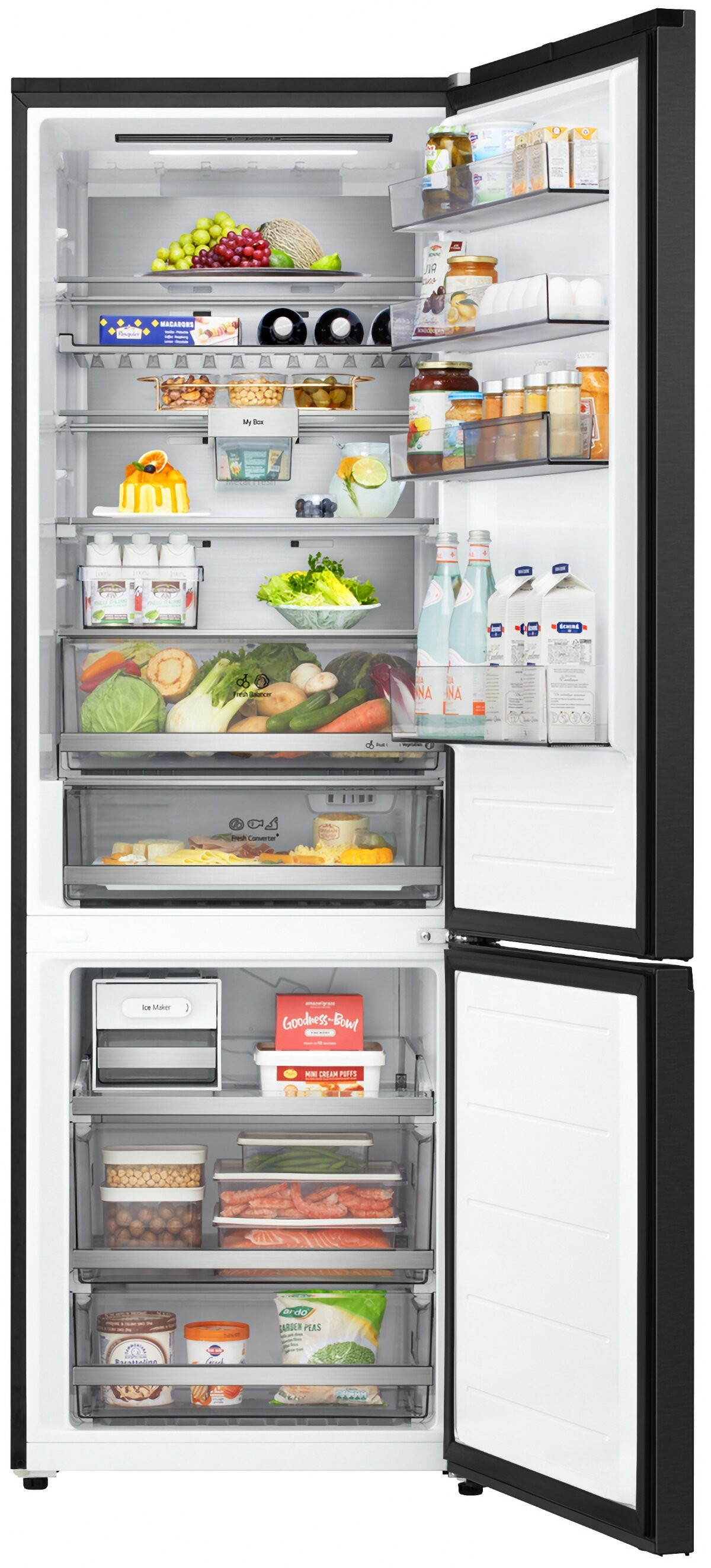 Otwarta lodówka wypełniona jedzeniem: owoce, warzywa, napoje i zapakowane produkty. Obydwa drzwi lodówki są otwarte.