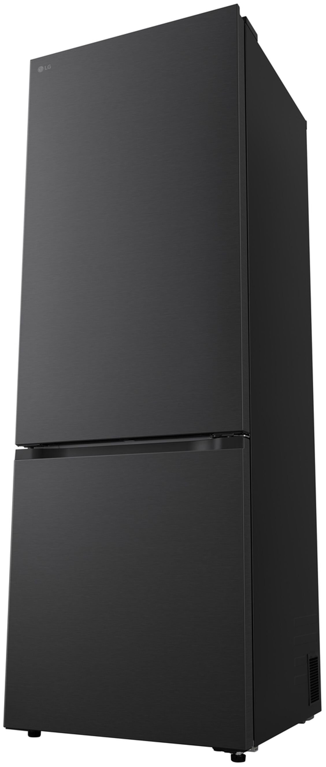 Czarna lodówka LG. Ma dwoje drzwi, jedne u góry i drugie u dołu. Logo LG jest widoczne na górnych drzwiach.