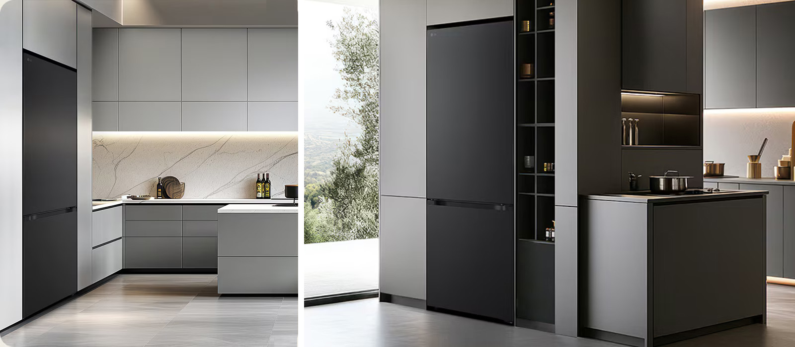 Nowoczesna kuchnia z czarną lodówką, szarymi szafkami i marmurowym blatem. Światło słoneczne wpada przez okno.