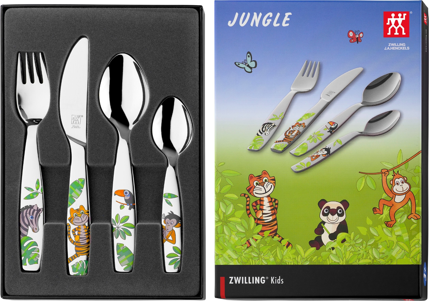 Ein Kinderbesteck-Set mit Tierillustrationen, darunter eine Gabel, ein Messer und zwei Löffel, präsentiert in einer Box mit Dschungel-Thema.