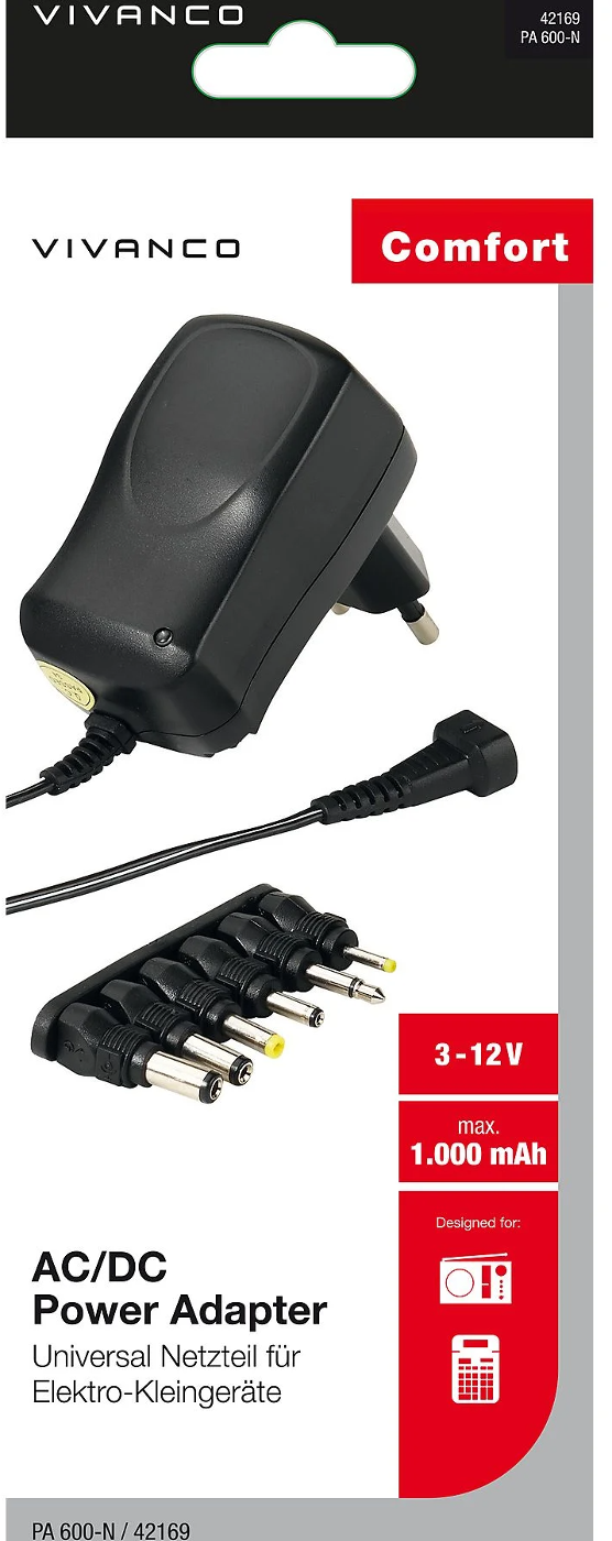 Das Bild zeigt ein AC/DC-Netzteil mit mehreren Anschlussspitzen auf einer Verpackung mit dem Vivanco-Logo und Produktdetails.