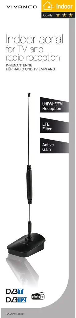 Eine schwarze Innenantenne für TV- und Radioempfang mit langer Antenne und Sockel, mit Text auf der Seite.