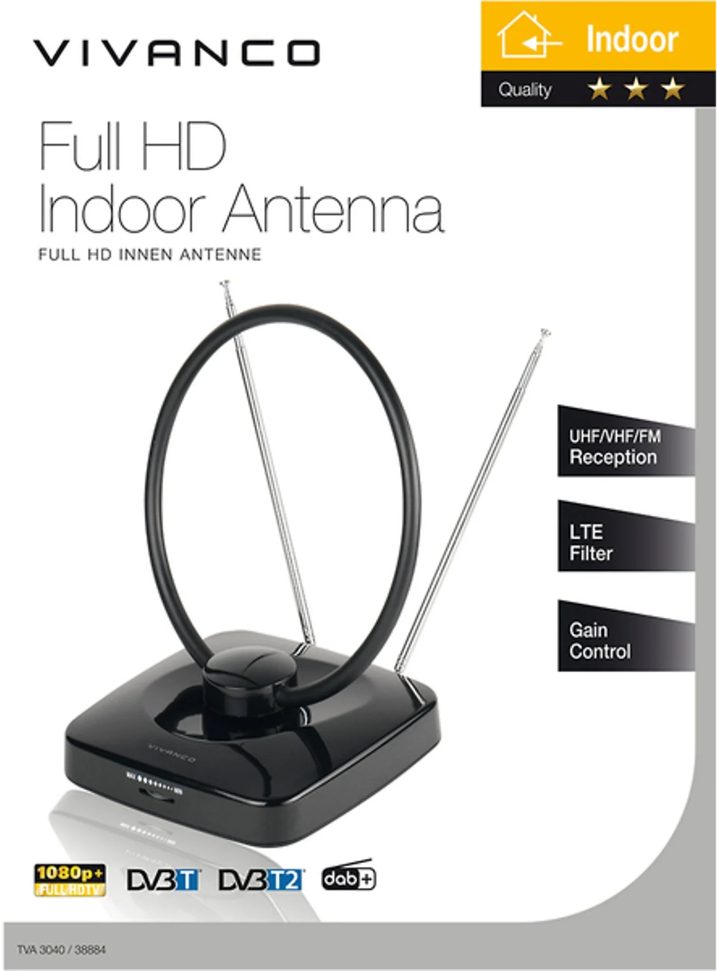 Eine Zimmerantenne mit schwarzem Sockel und Schlaufe, silbernen Antennen. Text: Full HD Innenantenne, Funktionen an der Seite.