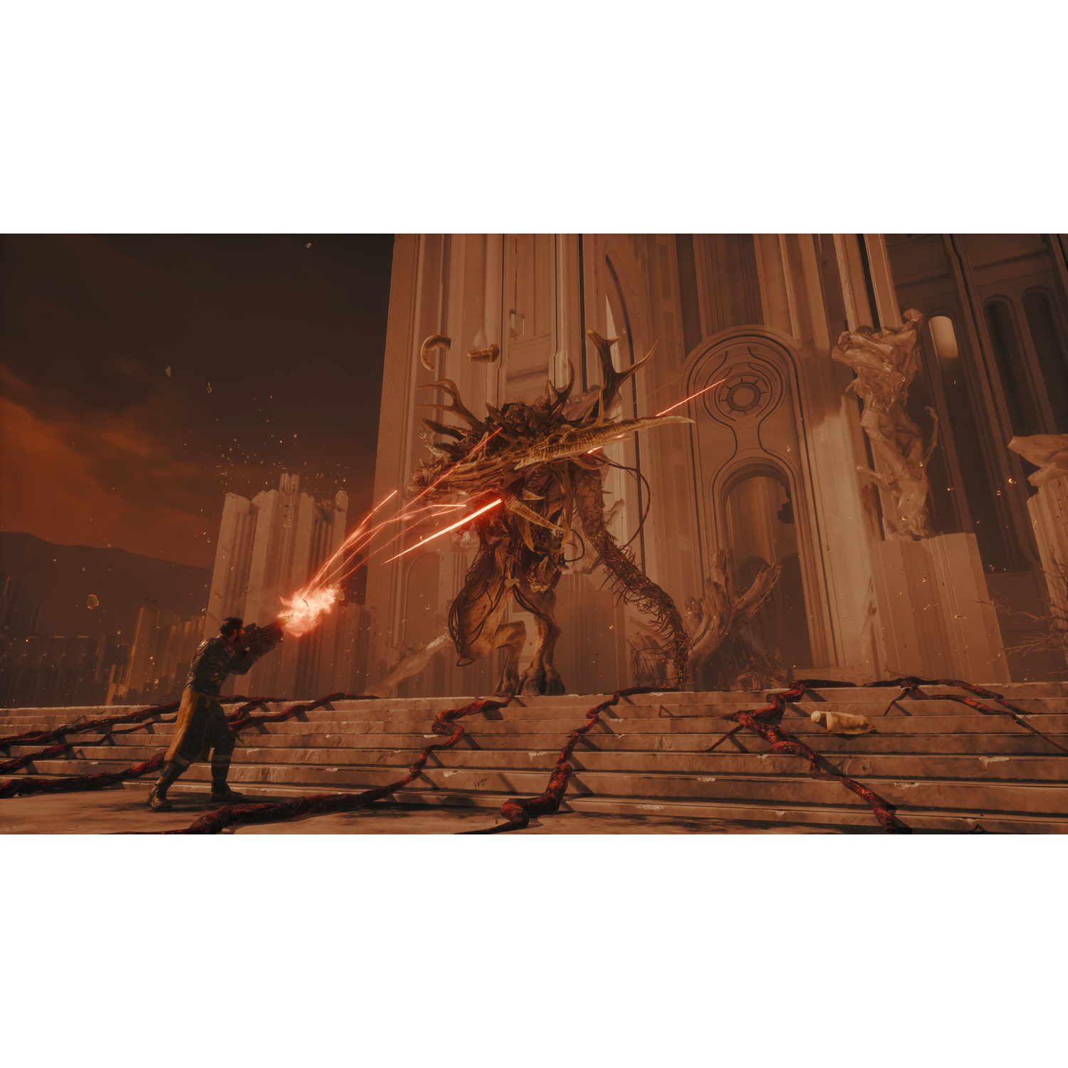 Une figure tire avec une arme sur une créature monstrueuse devant un grand bâtiment. Des rayons rouges et des débris remplissent la scène.