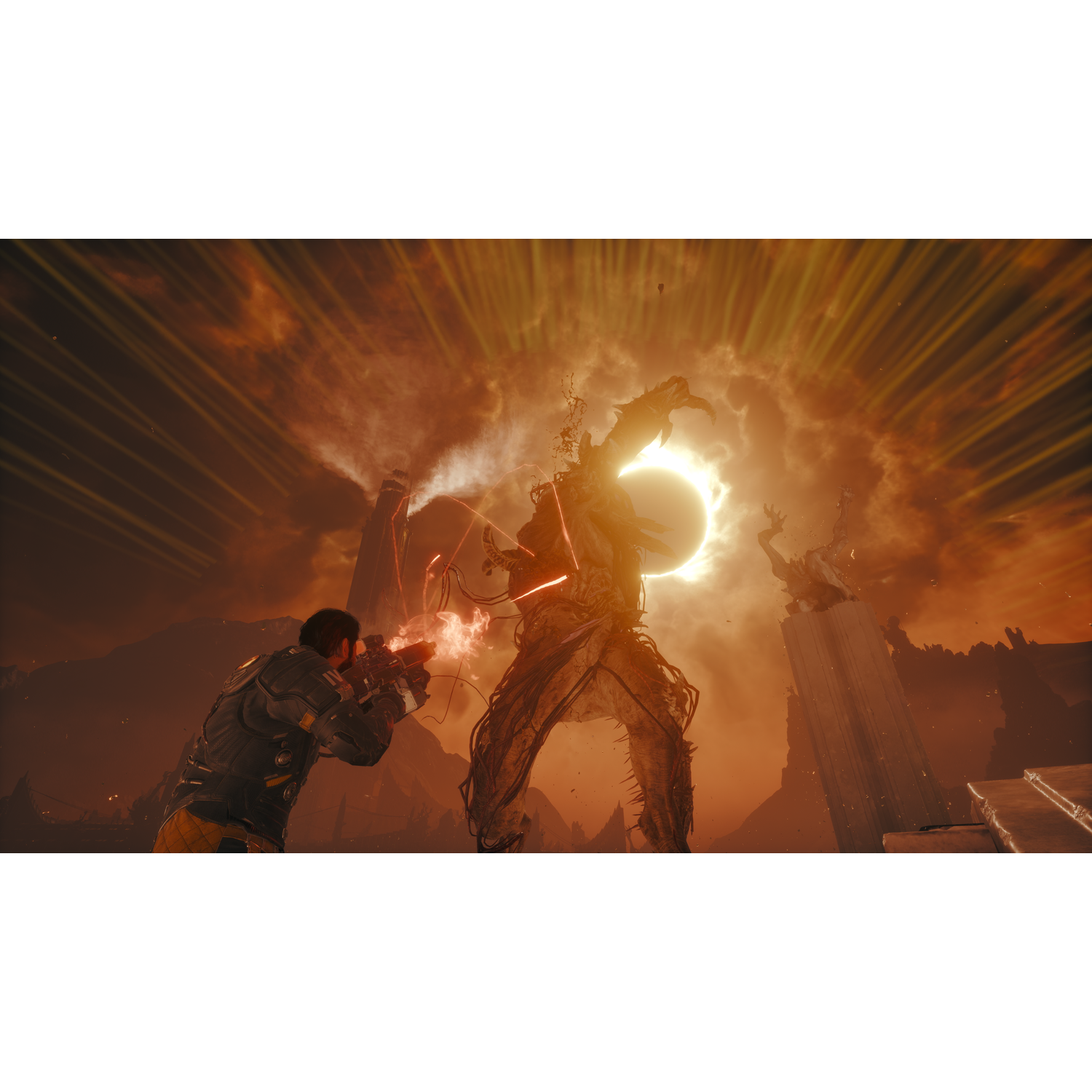 Un soldat tire une arme sur une grande figure monstrueuse. Un ciel orange avec une lumière vive domine l'arrière-plan.