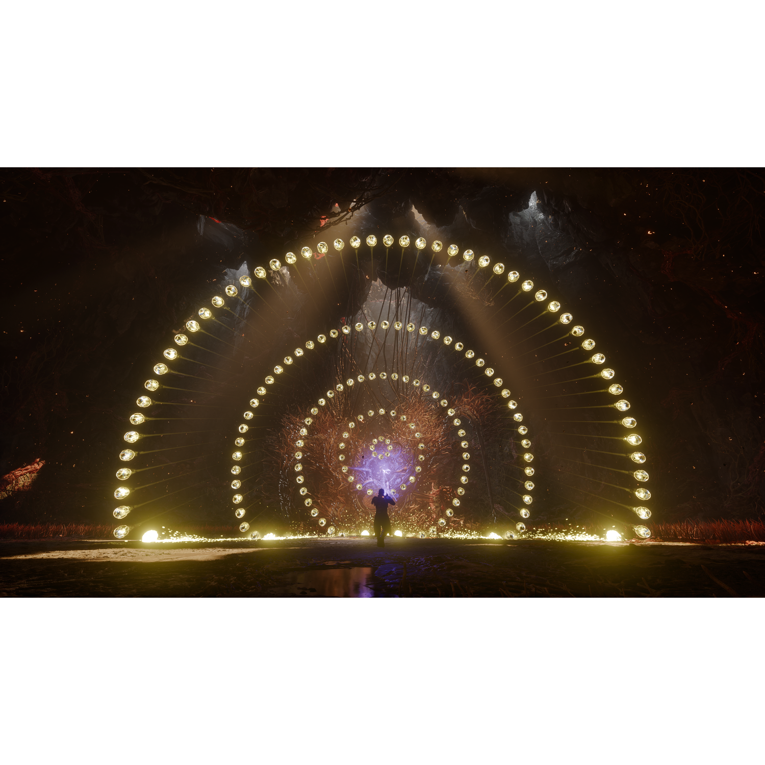 Une personne se tient devant une spirale lumineuse de lumières dans une caverne. La personne tient un orbe brillant. Le fond est sombre.