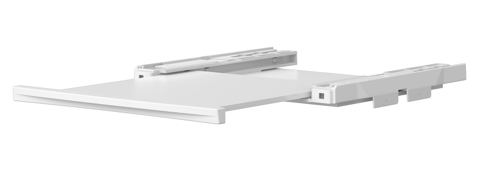 Biały mechanizm półki przesuwnej. Składa się z płaskiej półki i dwóch równoległych szyn dla płynnego ruchu. Czarne tło.