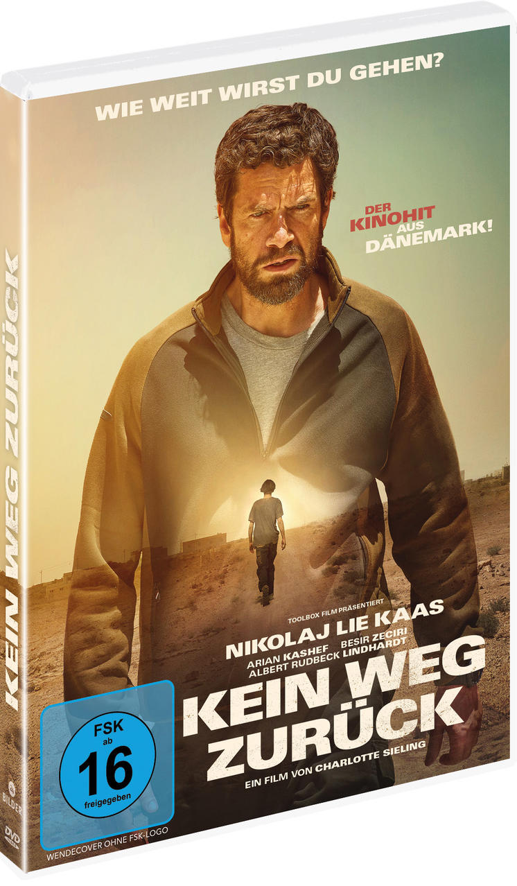 DVD-Cover. Ein Mann sieht besorgt aus. Eine Person geht in der Wüste weg. Titel: Kein Weg Zurück.