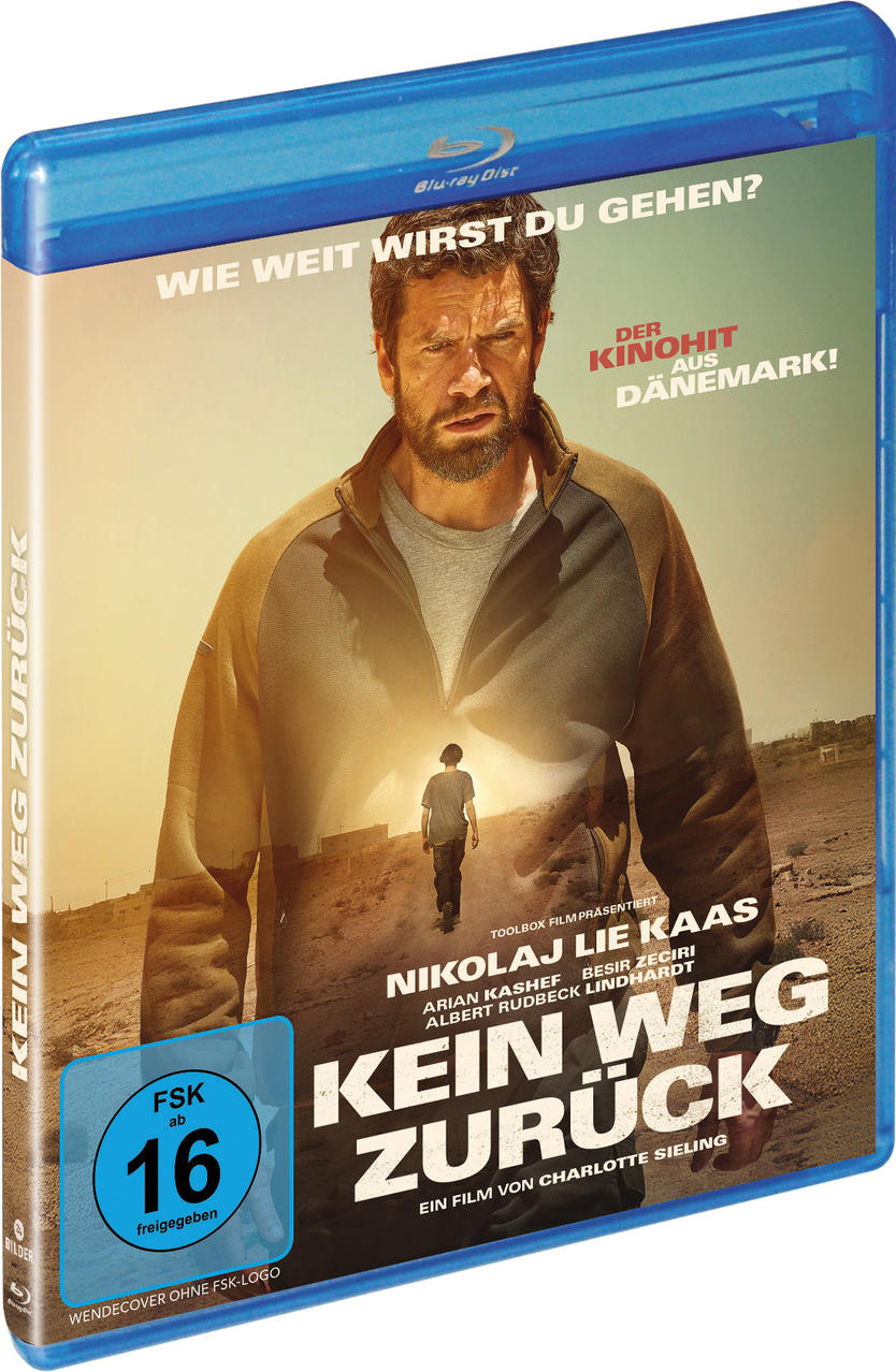 Blu-ray-Cover: Mann in Jacke, Filmtitel 'Kein Weg Zurück' und eine kleinere Figur, die in einer Wüste weggeht.