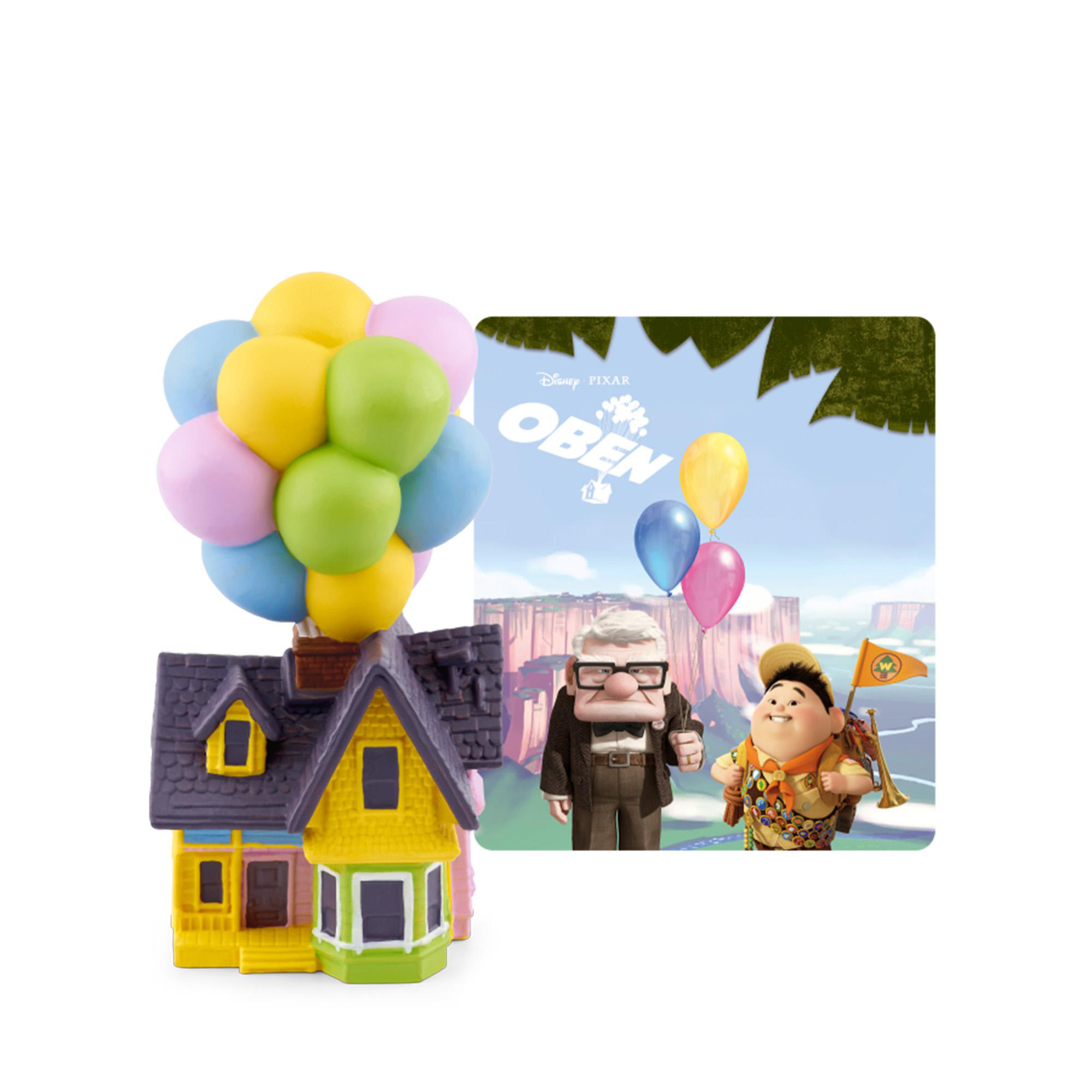 Eine Hausfigur mit Ballons und ein Bild von Carl und Russell aus dem Film Oben.