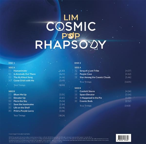 Albumcover mit dem Titel LIM Cosmic Pop Rhapsody, Tracklisten und Weltraumkunst-Hintergrund.