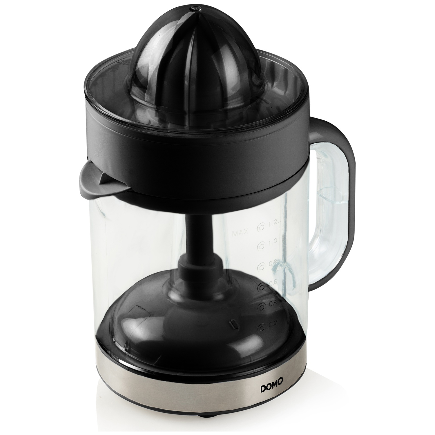 A black and transparent juicer with a handle. The juicer has a black top and base with a clear container. The brand is DOMO.
