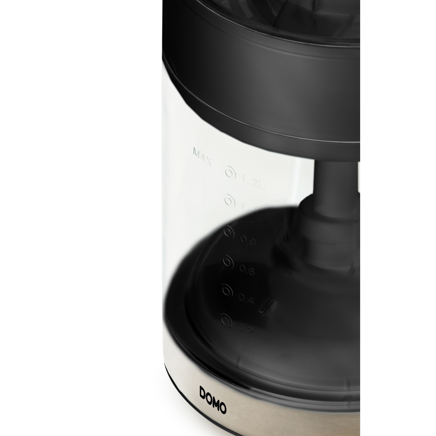 Close-up of a black and silver electric kettle. It shows measurements, and the brand name 'DOMO' is visible.
