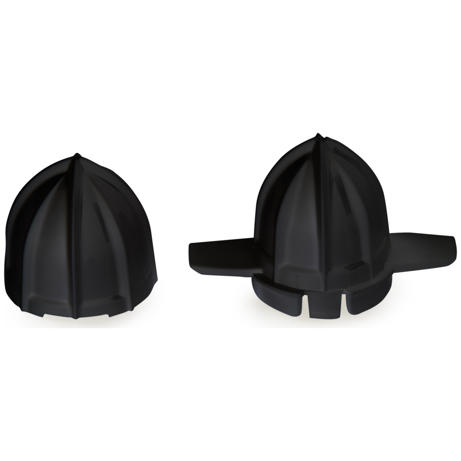 Two black citrus juicer parts are displayed. One is upside down, the other is right-side up with wings. Both sit on white background.