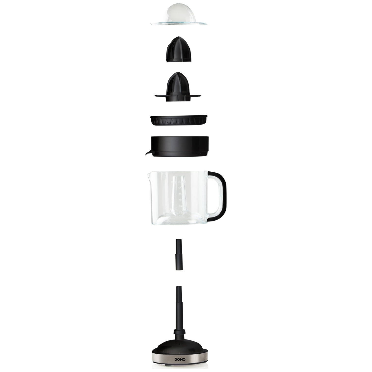 An exploded view of a black and silver DOMO juicer, showing its disassembled parts. Parts include a glass jug and various black components.