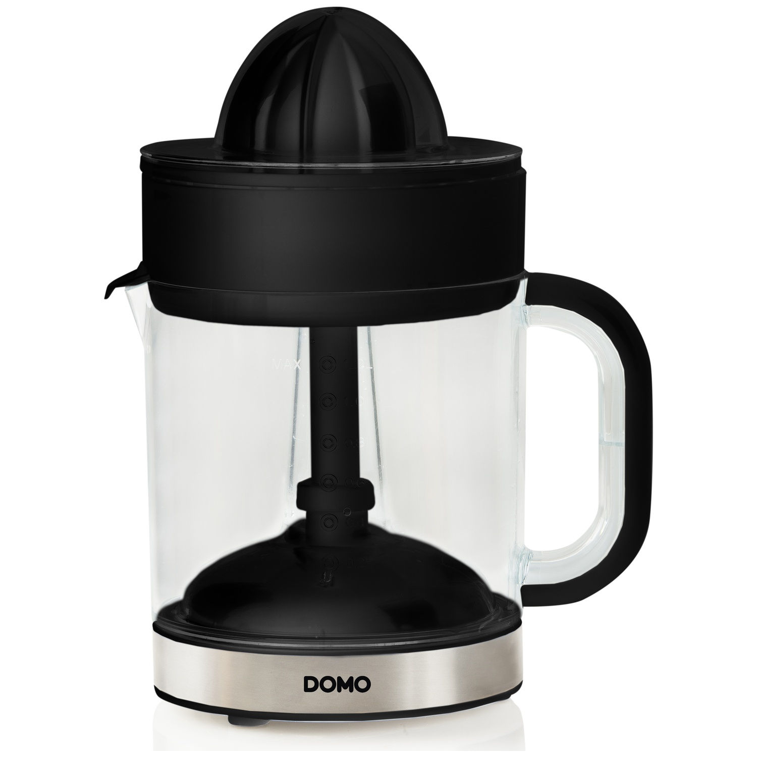 A black and transparent citrus juicer. It has a black top for juicing, a clear glass container, and a silver base with the brand name 'DOMO'.