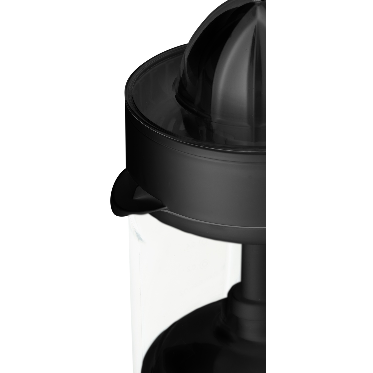 Close-up of a black citrus juicer. Features a reamer, strainer, and clear container. White background.