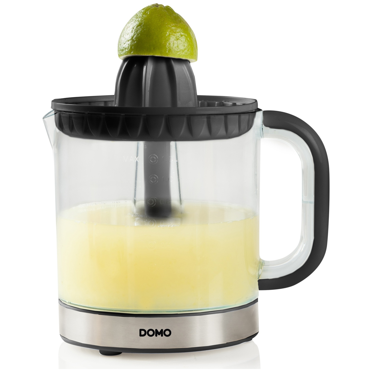 A juicer with a lime on top. It has a clear glass container filled with yellow juice. The base is silver with the brand 'DOMO'.