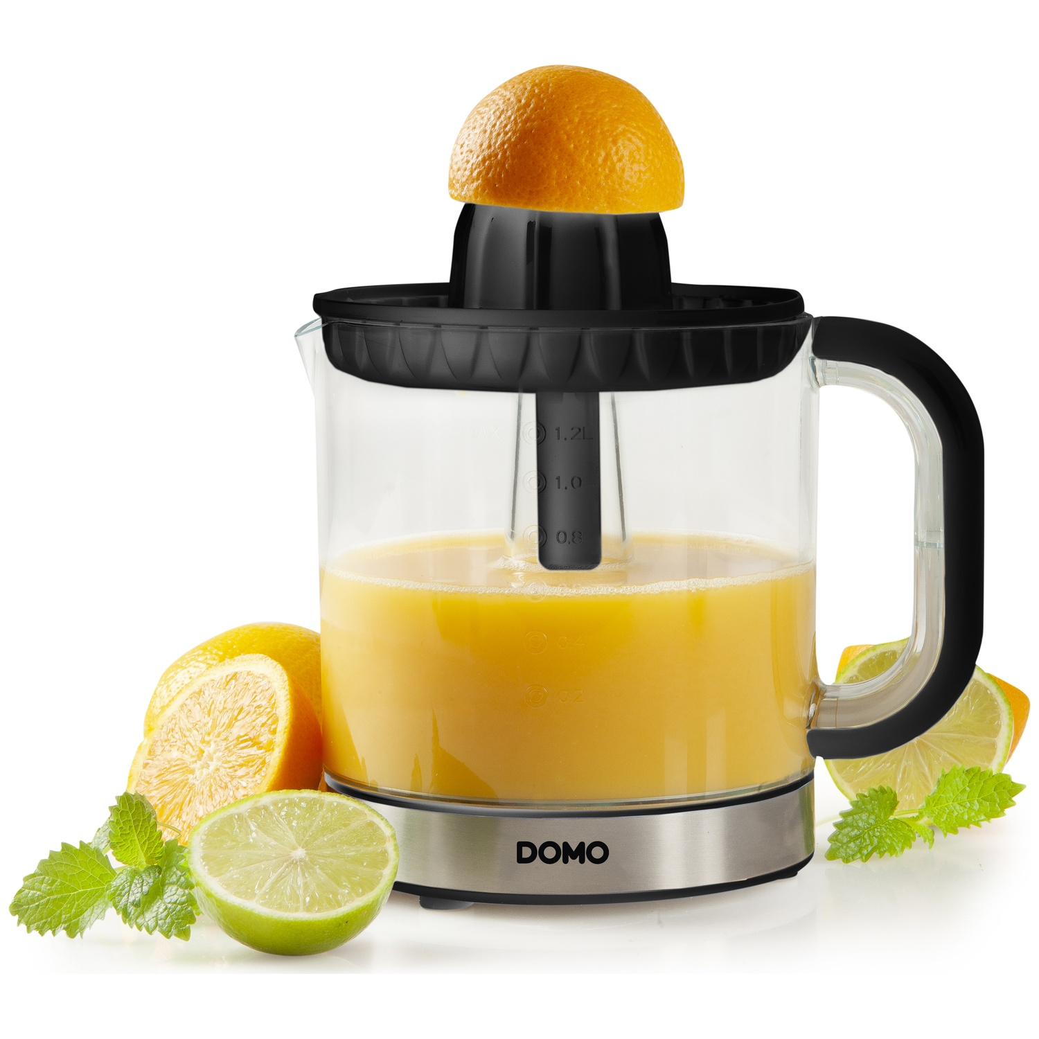 Juicer with orange on top, filled with juice. Limes, lemons, and mint leaves are around it. Stainless steel base and glass jar.