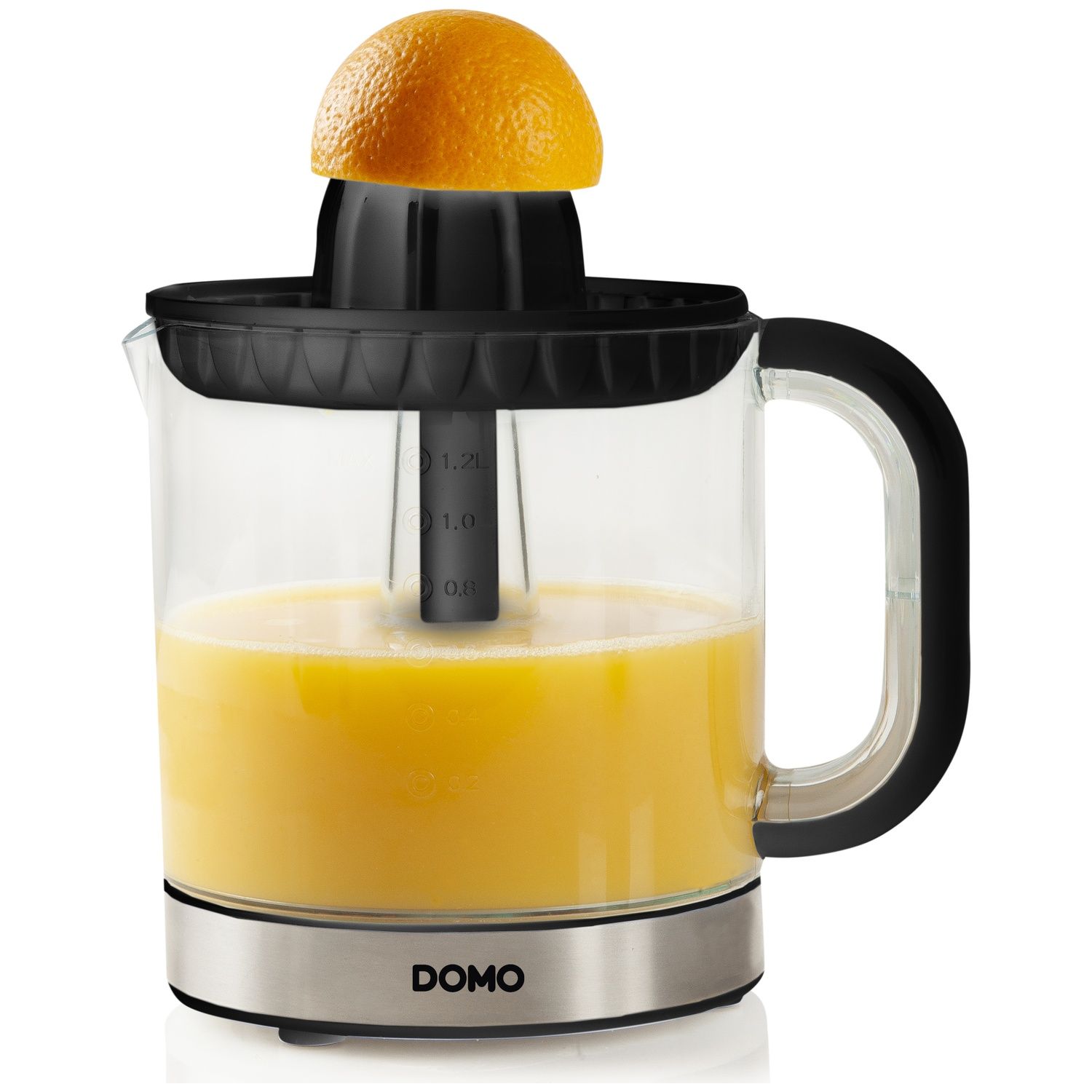 An orange half is on a black juicer. The juicer is filled with orange juice. The juicer is on a white background.