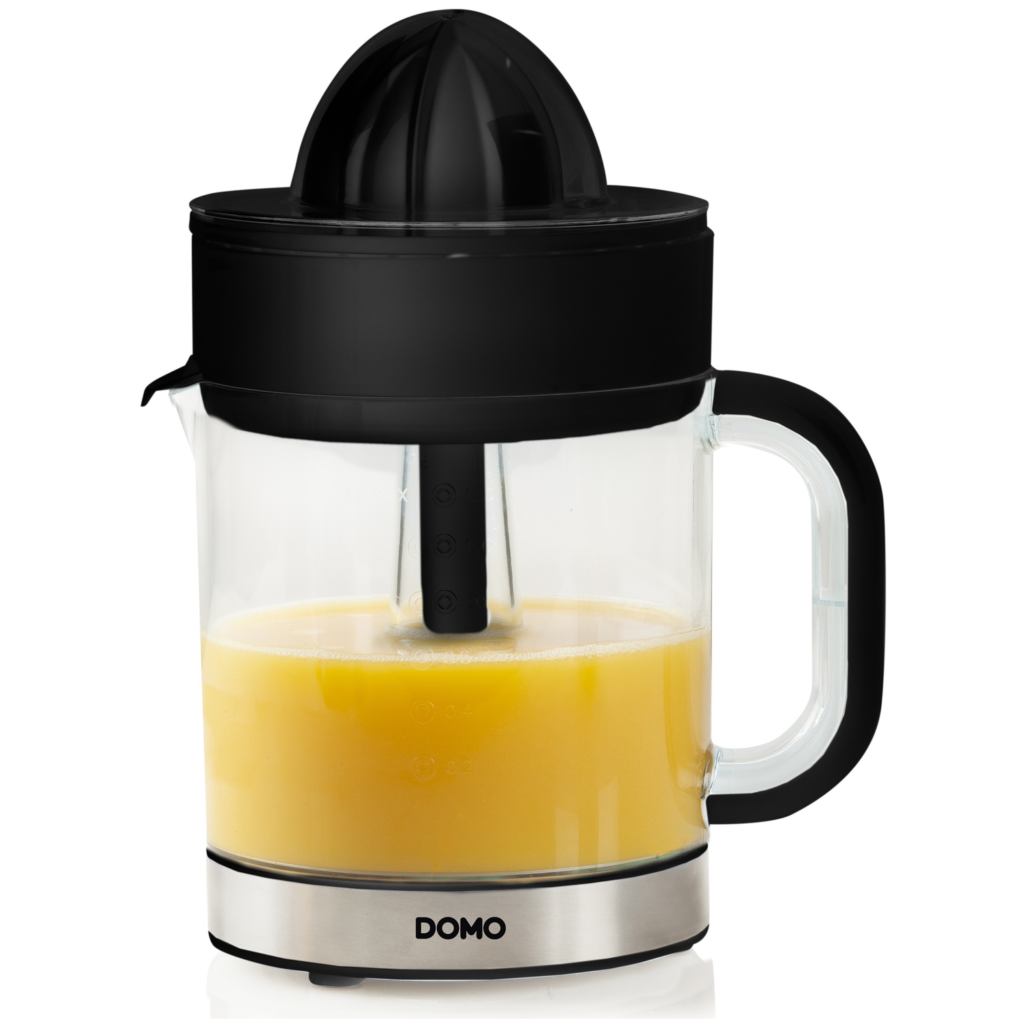 A juicer with a black top and handle, a glass container with orange juice, and a stainless steel base with the word 'DOMO'.