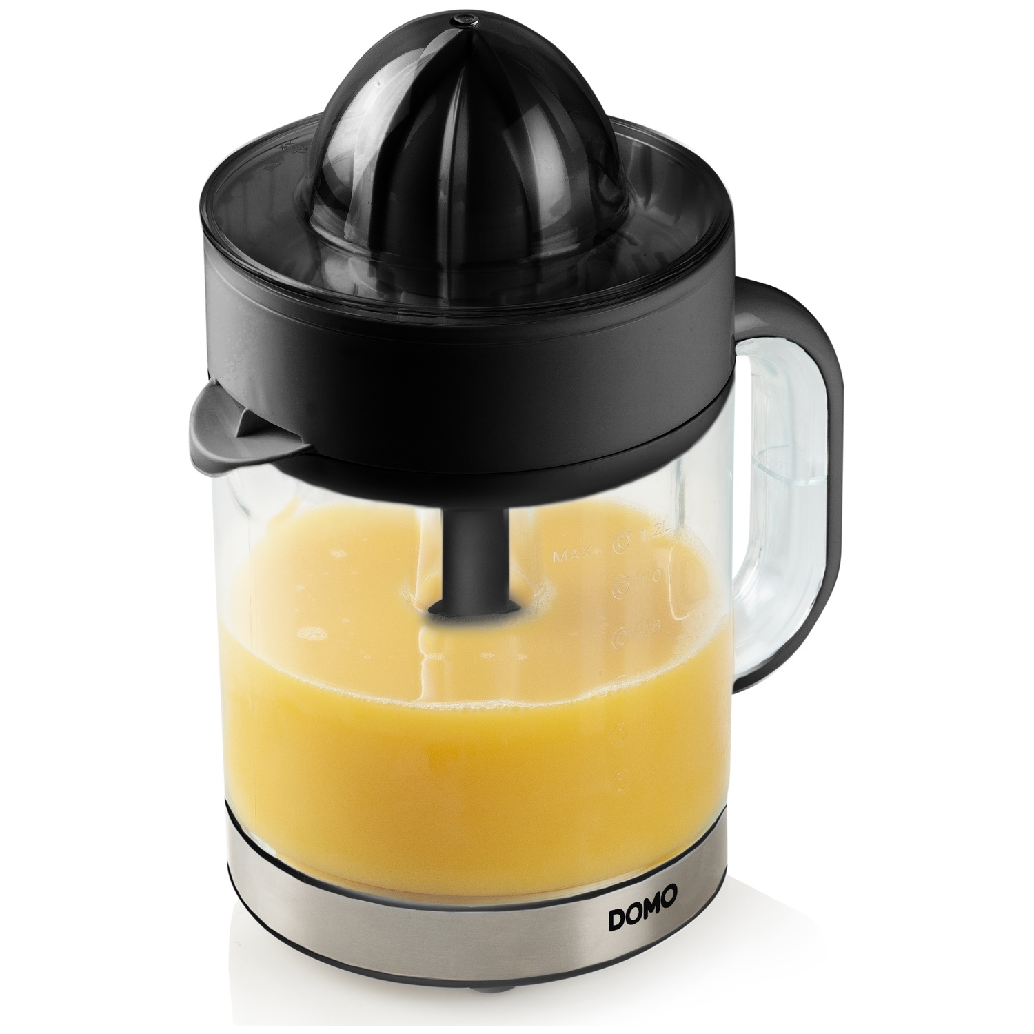 A juicer with black top and clear glass container filled with orange juice. The base is silver with the brand DOMO.