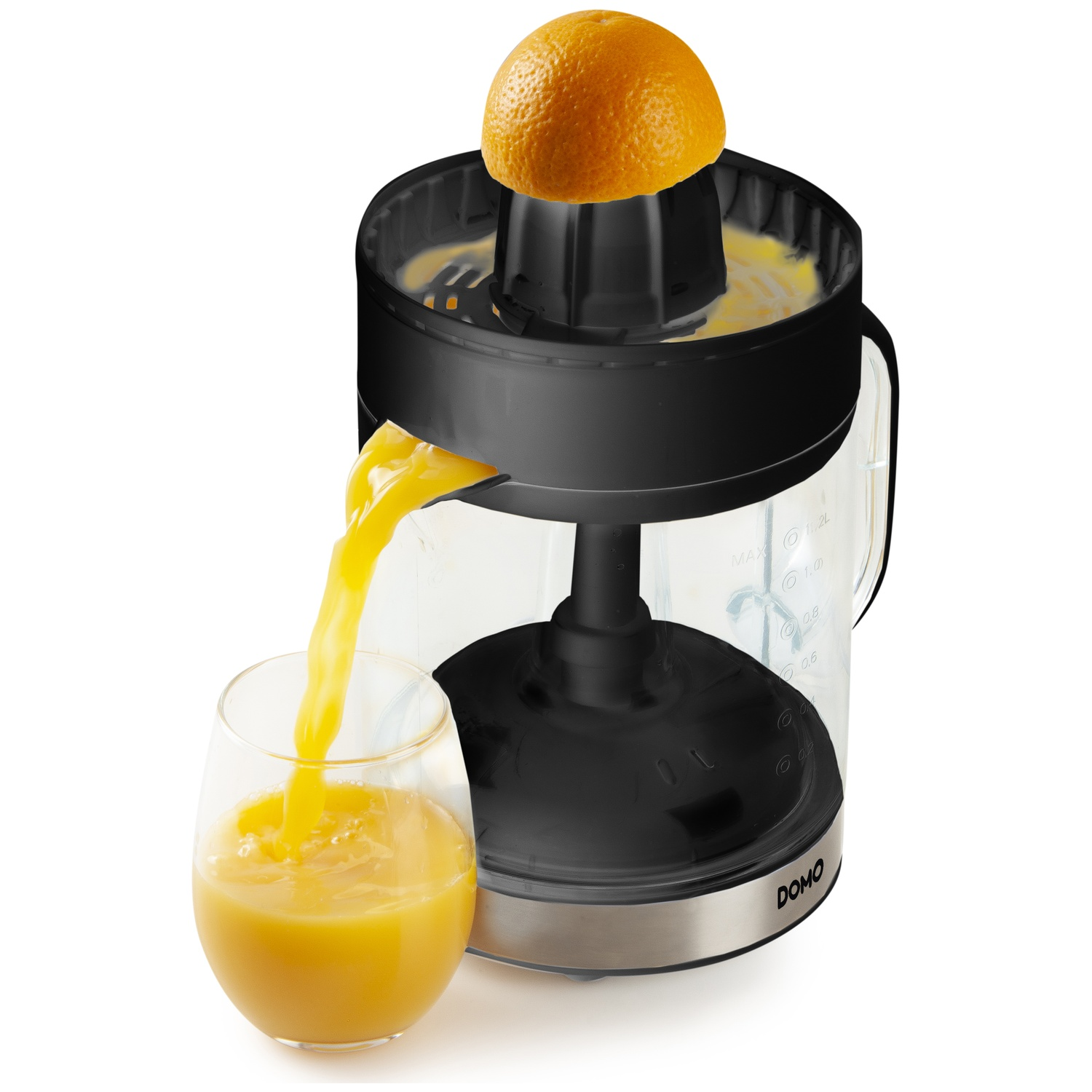 An orange half on a juicer, with juice flowing into a glass. The juicer is black and silver, the glass is clear.