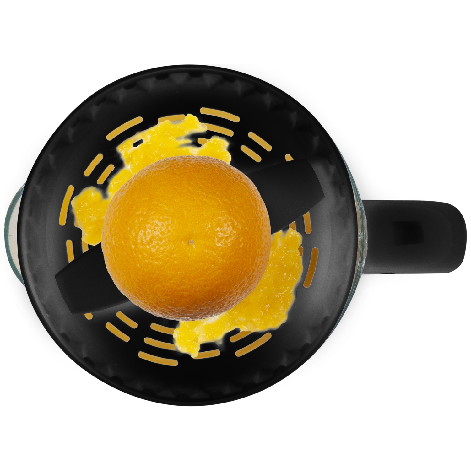 Overhead shot of a juicer with an orange. Orange is in the center, surrounded by orange pulp, black juicer with a white background.
