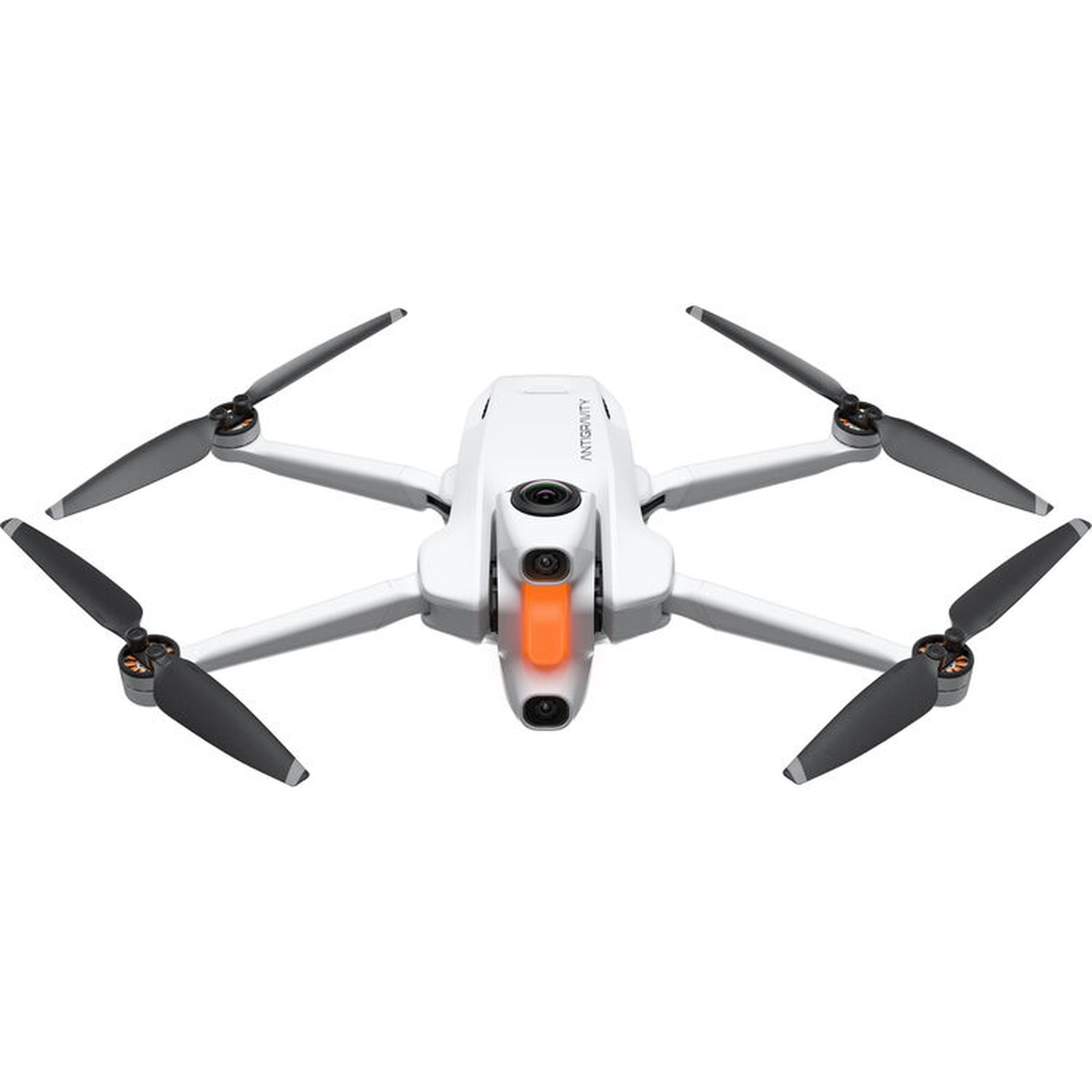 Witte drone met vier zwarte propellers, oranje licht en 'ANTIGRAVITY' tekst, tegen een witte achtergrond.