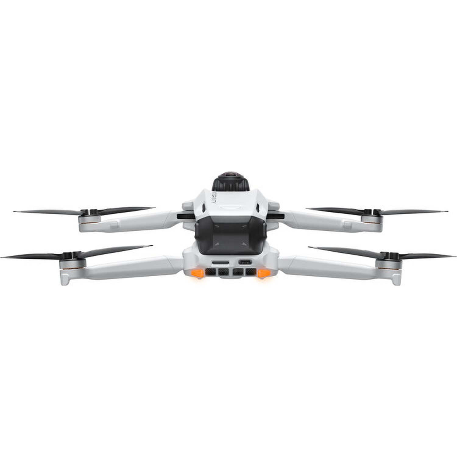 Een witte drone met vier zwarte propellers, zwarte camera en oranje lampjes op een witte achtergrond.