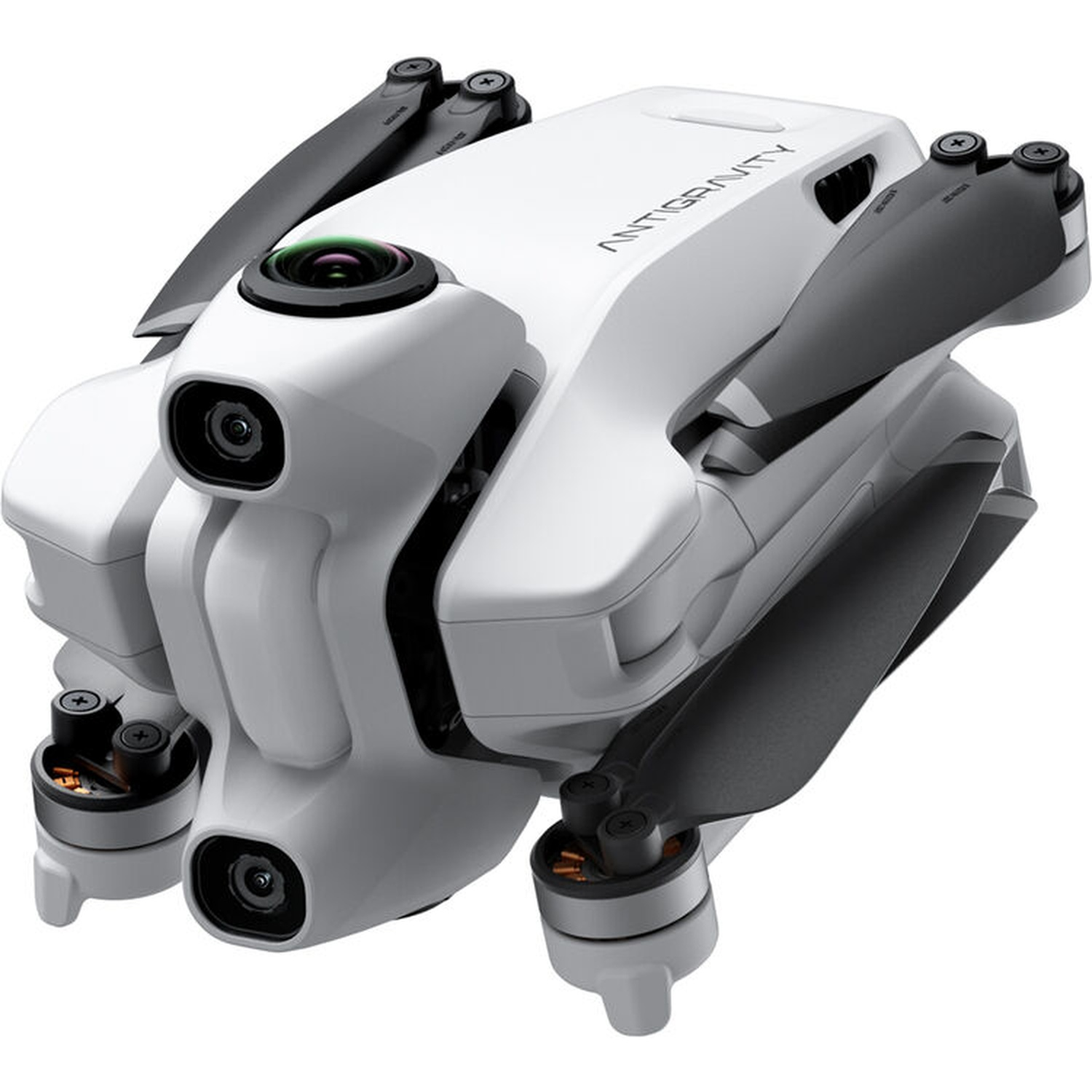 Een witte drone met zwarte propellers en het woord ANTIGRAVITY. Het heeft meerdere camera's en een strak design.