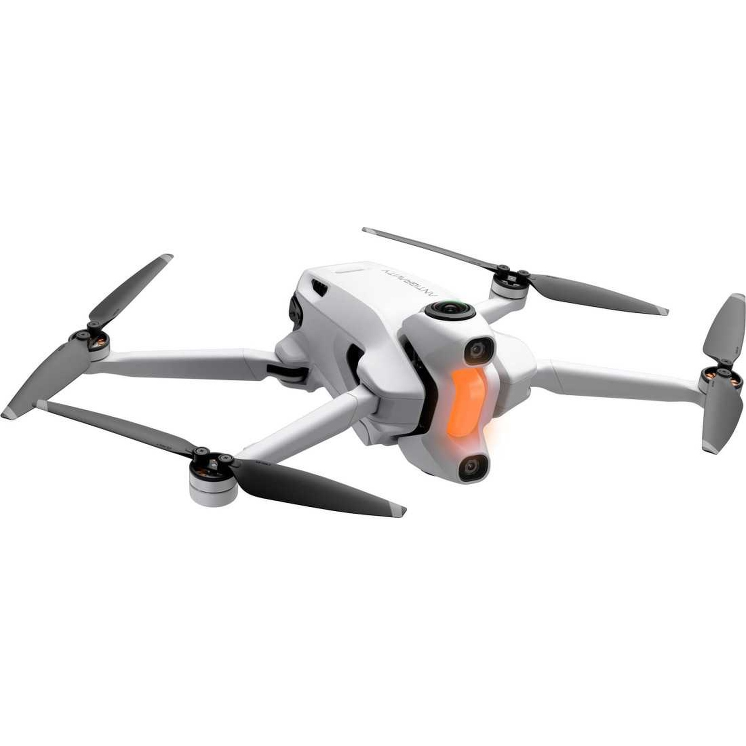 Een witte drone met vier propellers. Het heeft een camera en oranje lampjes. De achtergrond is wit.