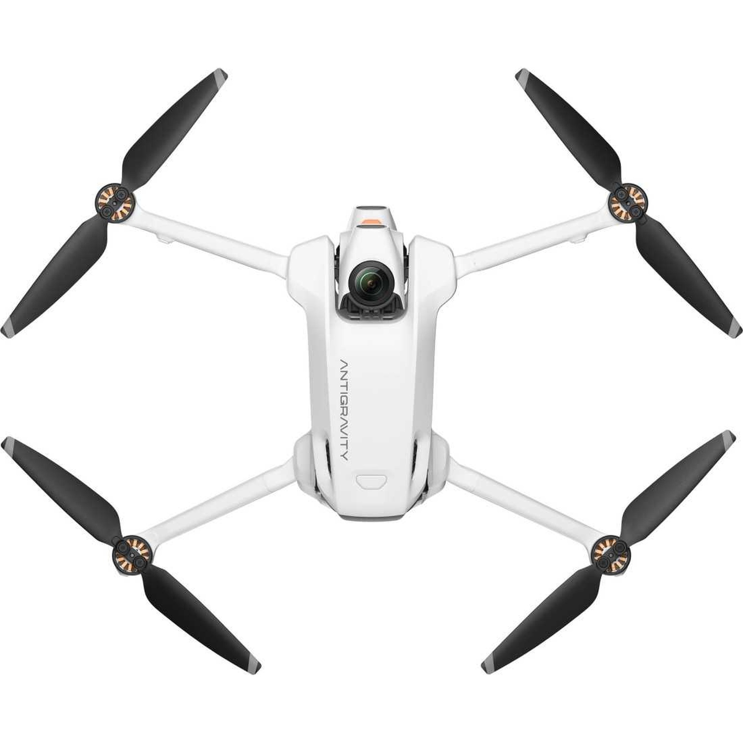 Een witte drone met vier zwarte propellers, gecentreerd. Het woord 'ANTIGRAVITY' is op de body gedrukt. Propellers zijn schuin.