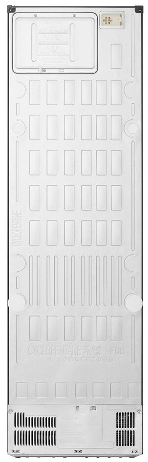 Tył lodówki. Ma biały, prostokątny kształt z górną częścią na komponenty i wentylacją na dole.