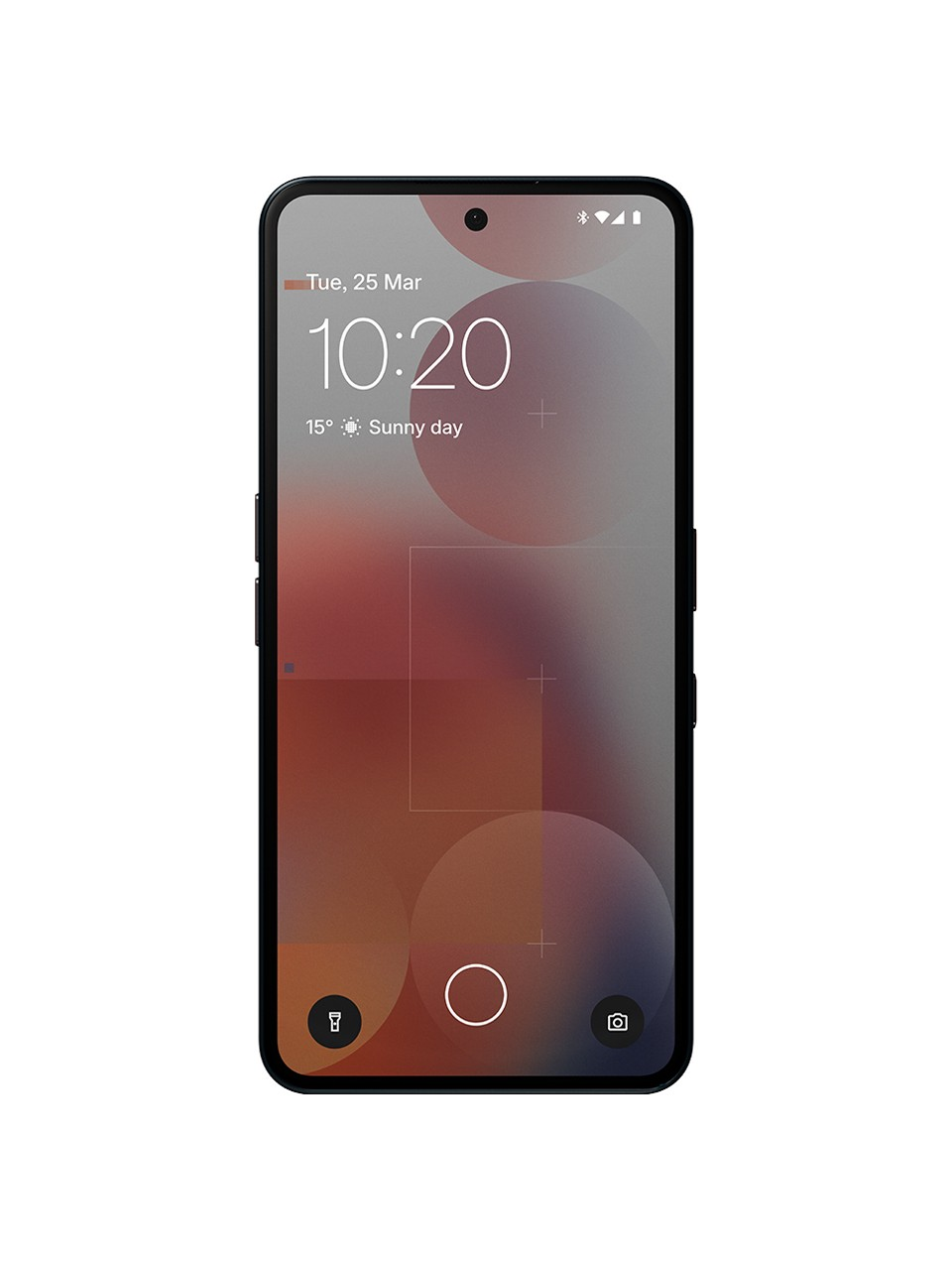 Bir akıllı telefon ekranı saati, tarihi ve hava durumu bilgilerini görüntüler. Siyah bir çerçeveye ve degrade bir arka plana sahiptir.