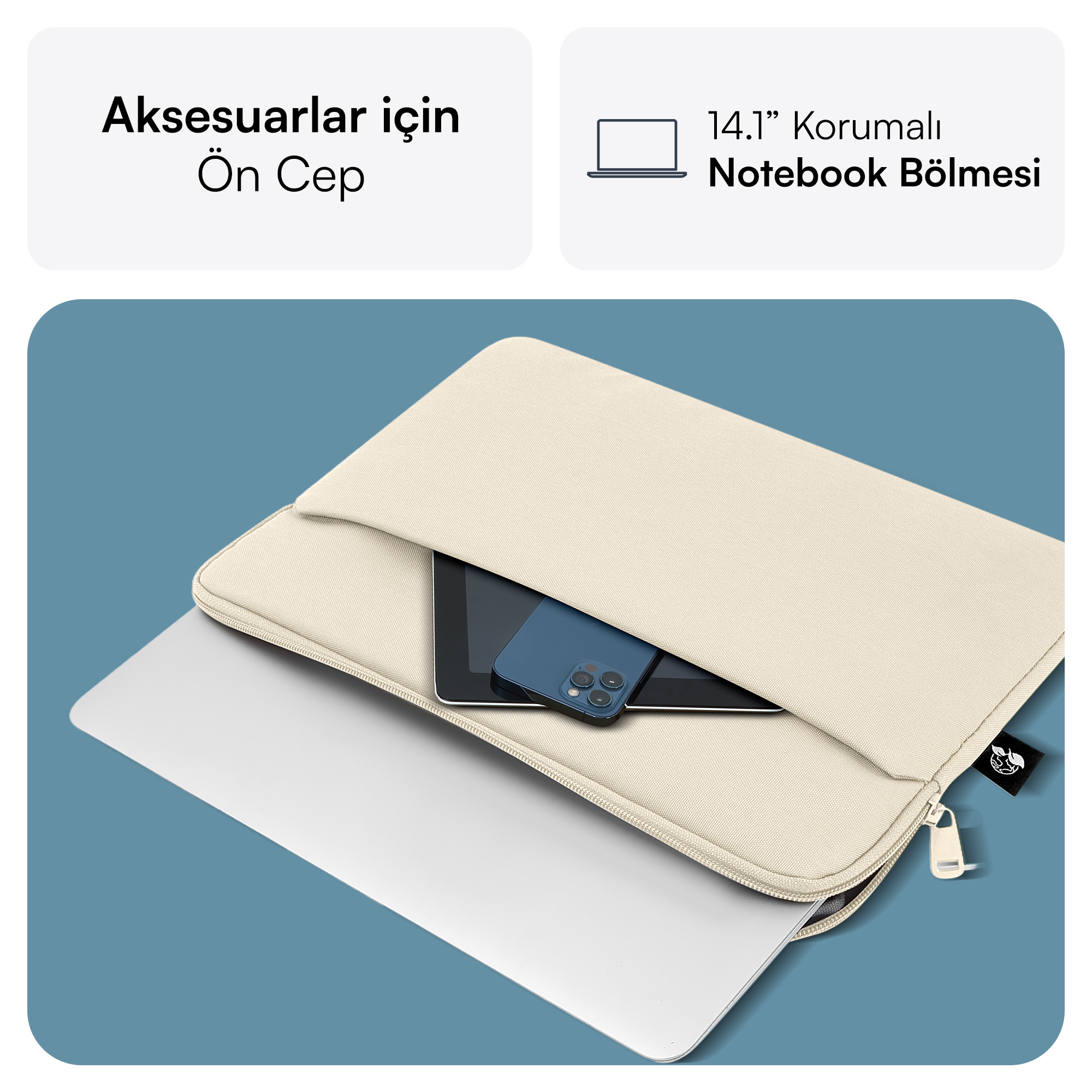 İçinde tablet ve mavi telefon bulunan bej dizüstü bilgisayar kılıfı. Beyaz dizüstü bilgisayar kısmen görünür. Mavi arka plan.