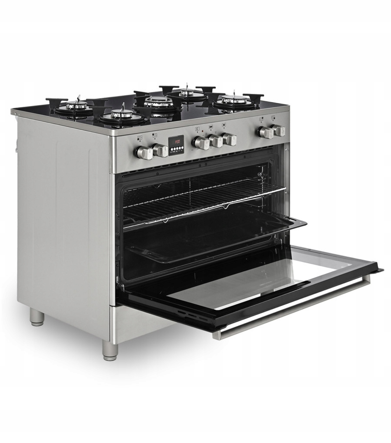 Piekarnik ze stali nierdzewnej z otwartymi drzwiami. Ma szklany blat z palnikami, pokrętłami i rusztem w środku.