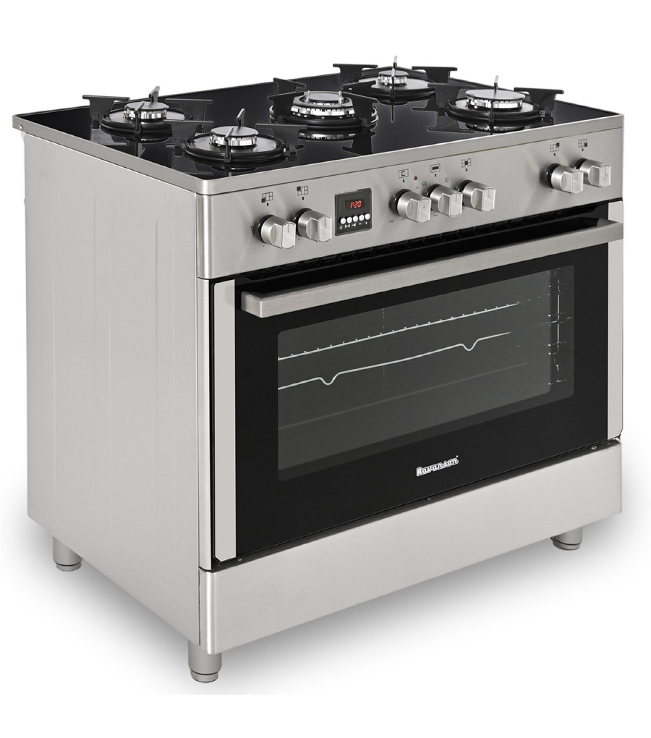 Piekarnik ze stali nierdzewnej ze szklaną płytą grzejną i pięcioma palnikami. Drzwi piekarnika są zamknięte. Wyświetlacz cyfrowy pokazuje czas.