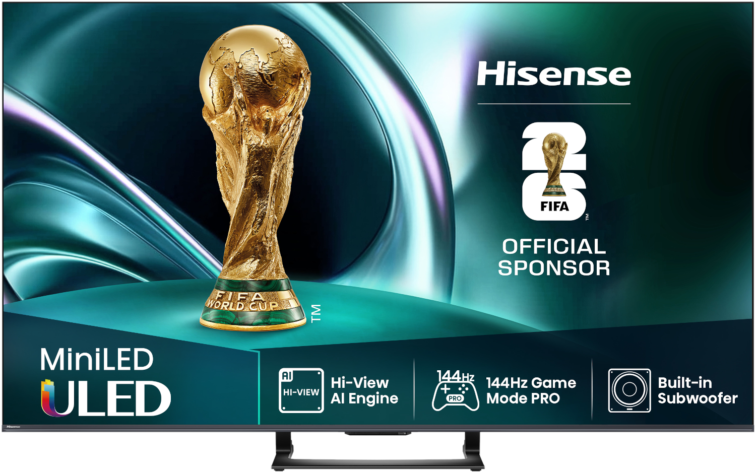 Een Hisense TV toont de FIFA World Cup-trofee, met het logo en de tekst 'Official Sponsor'. Het heeft MiniLED ULED technologie.